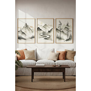 Dağ Ve Doğa Manzaralı 3’lü Modern Ahşap Çerçeveli Tablo Seti - Salon Dekoru 21x30 cm