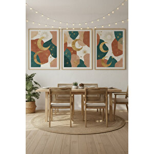 Ay Ve Yıldız 3’lü Modern Ahşap Çerçeveli Tablo Seti - Soyut Dekor 21x30 cm