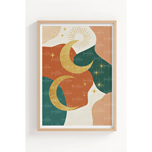 Ay Ve Yıldız 3’lü Modern Ahşap Çerçeveli Tablo Seti - Soyut Dekor 21x30 cm