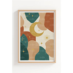 Ay Ve Yıldız 3’lü Modern Ahşap Çerçeveli Tablo Seti - Soyut Dekor 21x30 cm