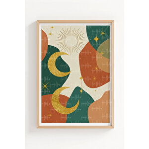 Ay Ve Yıldız 3’lü Modern Ahşap Çerçeveli Tablo Seti - Soyut Dekor