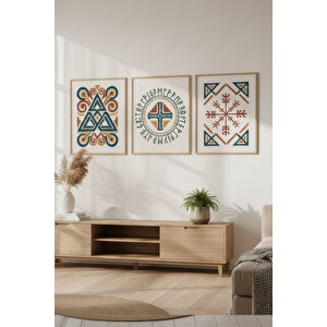 Viking Sembolleri 3lü Ahşap Çerçeveli Tablo Seti - İskandinav Kültür Ve Mitoloji 30x42 cm