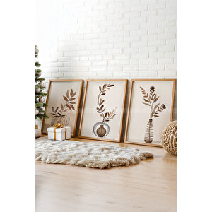 Minimal Doğal Motifli 3'lü Ahşap Çerçeveli Tablo Seti 50x70 cm