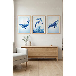 Mavi Balina Ve Yunus Figürlü 3’lü Ahşap Çerçeveli Tablo Seti - Salon Duvar Dekoru 21x30 cm