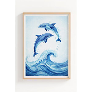 Mavi Balina Ve Yunus Figürlü 3’lü Ahşap Çerçeveli Tablo Seti - Salon Duvar Dekoru 21x30 cm