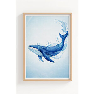 Mavi Balina Ve Yunus Figürlü 3’lü Ahşap Çerçeveli Tablo Seti - Salon Duvar Dekoru 50x70 cm