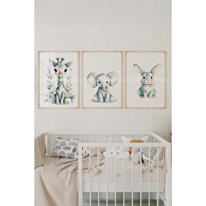 Sevimli Hayvanlar 3’lü Ahşap Çerçeveli Dekoratif Tablo Seti – Zürafa, Fil Ve Tavşan 50x70 cm