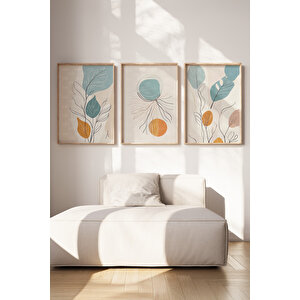 Soyut Yaprak Ve Geometrik Formlar 3 Parçalı Ahşap Çerçeveli Tablo Seti 30x42 cm