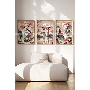 Japon Manzaraları 3 Parçalı Ahşap Çerçeveli Tablo Seti 30x42 cm