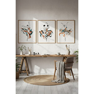Balerin Figürlü 3’lü Modern Ahşap Çerçeveli Tablo Seti - Çalışma Odası Dekoru 50x70 cm