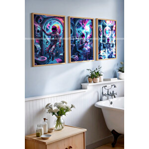Astronot Temalı 3'lü Banyo Dekorasyonu Ahşap Tablo Seti-30x42 30x42 cm