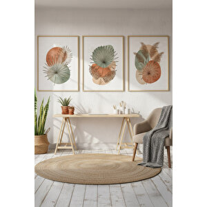 Palmiye Yaprakları 3’lü Modern Ahşap Çerçeveli Tablo Seti - İskandinav Dekor 21x30 cm