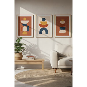 Boho Geometrik Soyut Şekiller 3 Parçalı Ahşap Çerçeveli Tablo Seti 30x42 cm