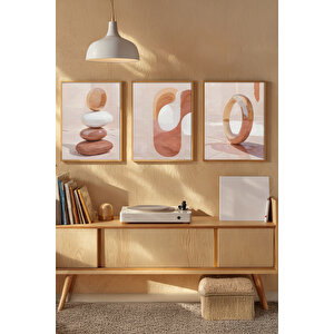 Soyut Geometrik Formlar 3 Parçalı Ahşap Çerçeveli Tablo Seti 21x30 cm