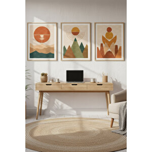 Geometrik Güneş Ve Dağ Manzaralı 3’lü Modern Ahşap Çerçeveli Tablo Seti - Çalışma Odası Dekoru 30x42 cm