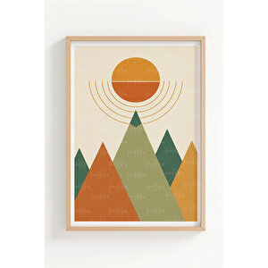 Geometrik Güneş Ve Dağ Manzaralı 3’lü Modern Ahşap Çerçeveli Tablo Seti - Çalışma Odası Dekoru 30x42 cm