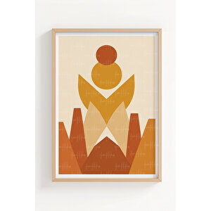 Geometrik Güneş Ve Dağ Manzaralı 3’lü Modern Ahşap Çerçeveli Tablo Seti - Çalışma Odası Dekoru