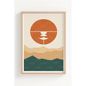 Geometrik Güneş Ve Dağ Manzaralı 3’lü Modern Ahşap Çerçeveli Tablo Seti - Çalışma Odası Dekoru 21x30 cm