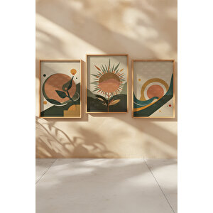 Retro Güneş Ve Doğa 3 Parçalı Ahşap Çerçeveli Tablo Seti 30x42 cm