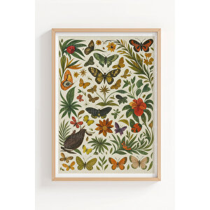 Kelebek Ve Çiçek Desenli 3’lü Ahşap Çerçeveli Tablo Seti - Doğa Temalı Dekor