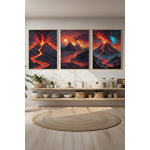 Volkan Ve Lav Manzarası Temalı 3’lü Ahşap Çerçeveli Tablo Seti - Modern Dekor 50x70 cm