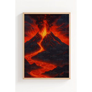 Volkan Ve Lav Manzarası Temalı 3’lü Ahşap Çerçeveli Tablo Seti - Modern Dekor 50x70 cm