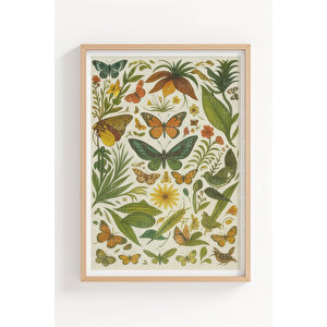 Kelebek Ve Çiçek Desenli 3’lü Ahşap Çerçeveli Tablo Seti - Doğa Temalı Dekor 50x70 cm
