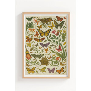 Kelebek Ve Çiçek Desenli 3’lü Ahşap Çerçeveli Tablo Seti - Doğa Temalı Dekor 50x70 cm