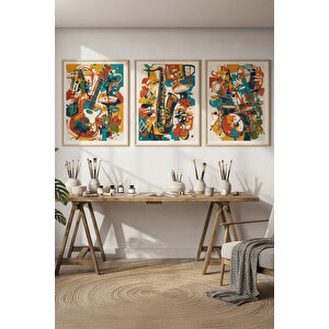 Enstrüman Temalı 3’lü Renkli Ahşap Çerçeveli Tablo Seti - Salon Dekoru 21x30 cm