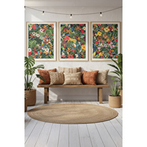Tropikal Kuşlar Ve Çiçekler Temalı 3’lü Ahşap Çerçeveli Tablo Seti - Salon Dekoru 50x70 cm