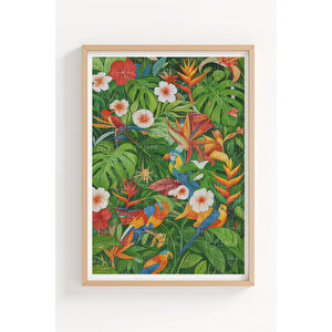 Tropikal Kuşlar Ve Çiçekler Temalı 3’lü Ahşap Çerçeveli Tablo Seti - Salon Dekoru 50x70 cm