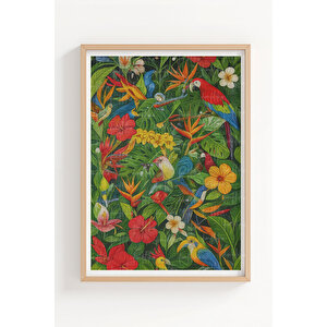 Tropikal Kuşlar Ve Çiçekler Temalı 3’lü Ahşap Çerçeveli Tablo Seti - Salon Dekoru 50x70 cm