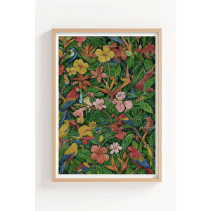 Tropikal Kuşlar Ve Çiçekler Temalı 3’lü Ahşap Çerçeveli Tablo Seti - Salon Dekoru