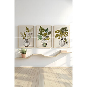 Minimalist Bitkiler 3 Parçalı Ahşap Çerçeveli Tablo Seti-2 30x42 cm