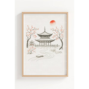 Samuray Japon Tapınak Ve Bonsai 3’lü Ahşap Çerçeveli Tablo Seti - Asya Kültürü Duvar Dekoru