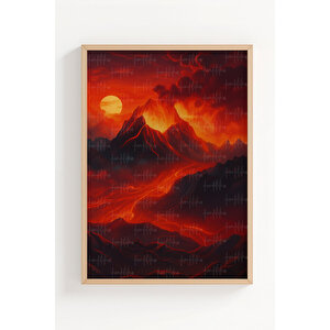 Volkan Ve Lav Manzarası Temalı 3’lü Ahşap Çerçeveli Tablo Seti - Modern Dekor 21x30 cm