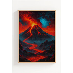 Volkan Ve Lav Manzarası Temalı 3’lü Ahşap Çerçeveli Tablo Seti - Modern Dekor