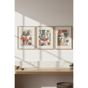 Meyve Ve Şarap 3’lü Modern Ahşap Çerçeveli Tablo Seti - Mutfak Dekoru 30x42 cm