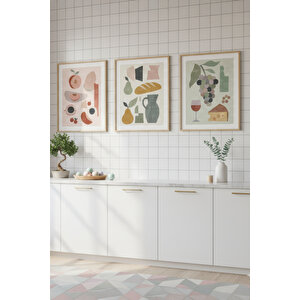 Meyve Ve Şarap 3’lü Modern Ahşap Çerçeveli Tablo Seti - Mutfak Dekoru 30x42 cm