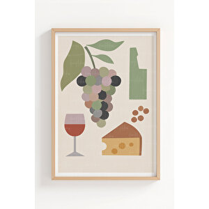 Meyve Ve Şarap 3’lü Modern Ahşap Çerçeveli Tablo Seti - Mutfak Dekoru 30x42 cm