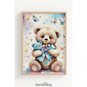 Kelebekler Ve Peluş Dostlar 3’lü Ahşap Çerçeveli Dekoratif Tablo Seti 21x30 cm