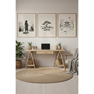 Samuray Japon Tapınak Ve Bonsai 3’lü Ahşap Çerçeveli Tablo Seti - Asya Kültürü Duvar Dekoru 30x42 cm