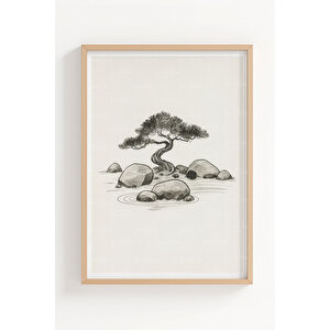 Samuray Japon Tapınak Ve Bonsai 3’lü Ahşap Çerçeveli Tablo Seti - Asya Kültürü Duvar Dekoru 30x42 cm