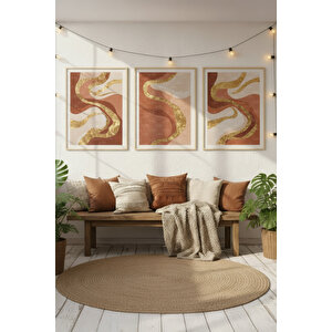 Altın Dalga Desenli 3’lü Soyut Ahşap Çerçeveli Tablo Seti - Salon Dekoru 21x30 cm
