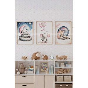 Panda, Fil Ve Tilki 3’lü 1. Kalite Ahşap Çerçeveli Tablo Seti – Bebek Odası Dekoru 30x42 cm