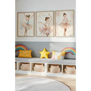Bebek Ve Çocuk Odası Balerin Kızlar Tema Ahşap Çerçeveli 3'lü Tablo Seti 30x42 cm