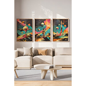 Renkli Uzay Keşfi 3 Parçalı Ahşap Çerçeveli Tablo Seti 30x42 cm