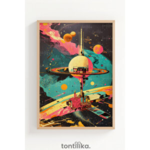 Renkli Uzay Keşfi 3 Parçalı Ahşap Çerçeveli Tablo Seti 30x42 cm