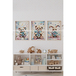 Kelebekler Ve Peluş Dostlar 3’lü Ahşap Çerçeveli Dekoratif Tablo Seti 50x70 cm