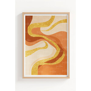 Altın Dalga Desenli 3’lü Soyut Ahşap Çerçeveli Tablo Seti - Salon Dekoru 30x42 cm
